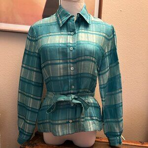 Designer XS turquoise plaid shirt with optional tie